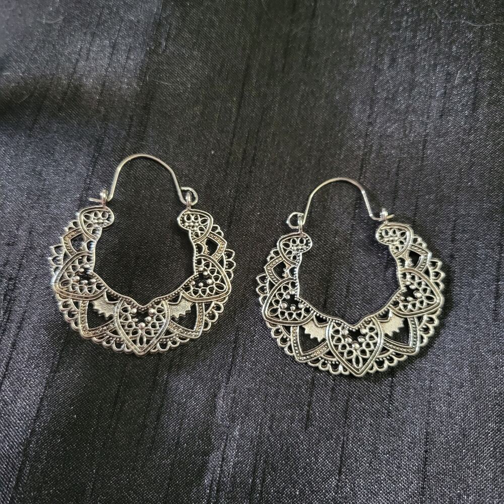 boho floral mandala silver tone earrings